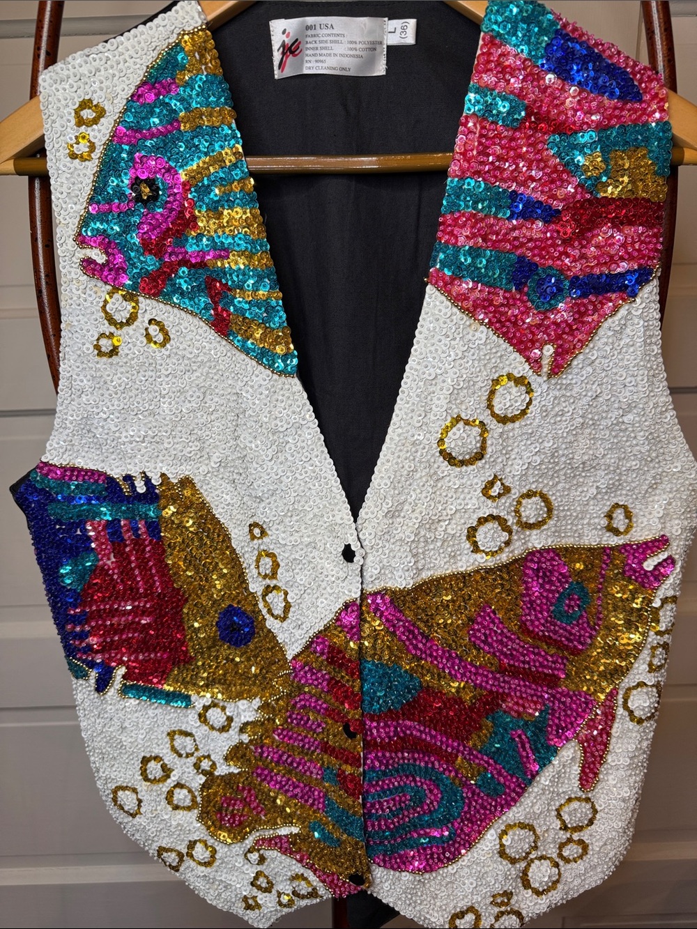 Vintage Sequin Fish Vest Colorful Beaded Statement Art wear Top L